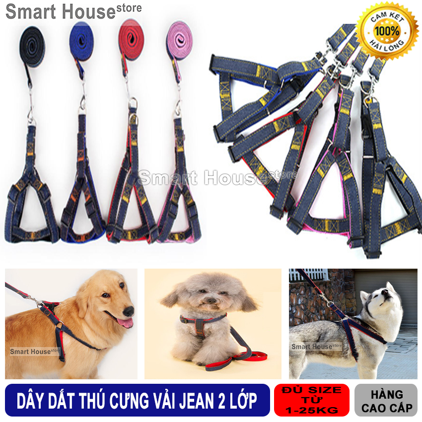 Dây Dắt Chó Đai Yếm - Vải Jean 2 Lớp Cao Cấp Cho Chó Lớn Và Nhỏ Từ 1-25Kg - Siêu Chắc Chắn - Bền Đẹp - Chăm Sóc Thú Cưng