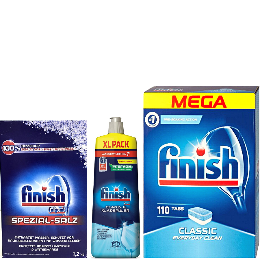 Combo Viên rửa bát Finish 110V+1,2kg Muối finish+Nước làm bóng finish 750ml