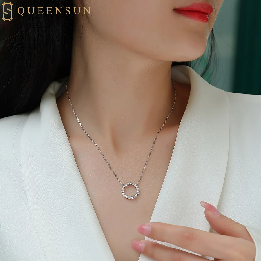 Queensun jewelry 18k lab grown diamond round necklace 圆形钻石项链 for women，for men，korean style necklace pendant with chain，minimalist pendant