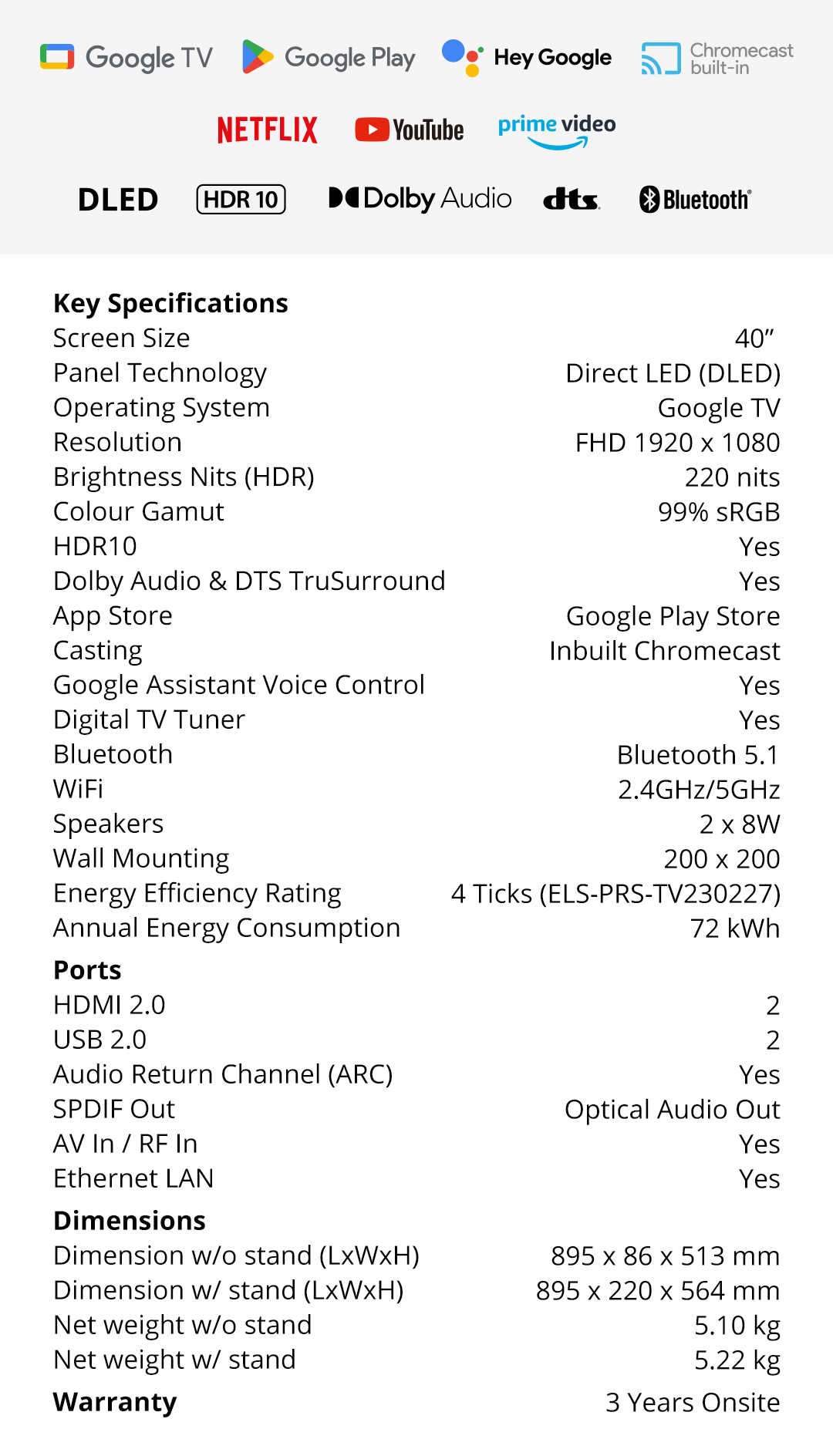 PRISM+ S40 DLED | Google TV | 40 pollici | Quantum Colors | Google Playstore | HDR10 | Dolby Vision | Dolby Atmos [Consegna in 5-7 giorni lavorativi]