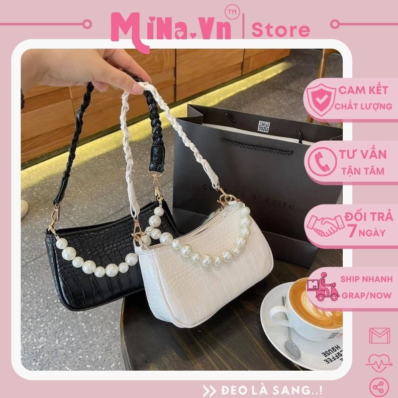Túi Xách Nữ [HOT TREND] Túi Kẹp Nách Quai Tết Phối Dây Ngọc Bánh Bèo Có Dây Đeo Chéo A022 - MINA
