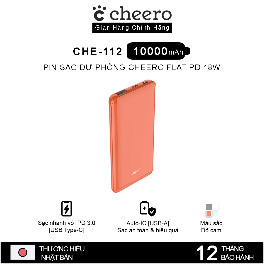 Pin sạc dự phòng sạc nhanh chuẩn nhật cheero flat 10000mah power delivery 18w che-112 - hàng chính hãng