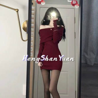 HengShanYuan ĐầM Nữ ĐầM Trễ Vai Đầm Dài Tay Cổ Yếm Màu Đen Gợi Cảm Cho Nữ Đầm Đỏ Giáng Sinh