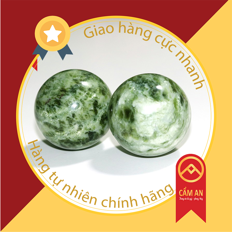 Cặp bi lăn tay xanh ngọc bằng đá Serpentine Yên bái, mát xa cực thích giá cực rẻ- Cẩm An - Tặng kèm hộp đựng