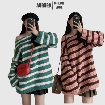 Áo len kẻ ngang lệch vai chất dày form rộng dáng dài chùm mông