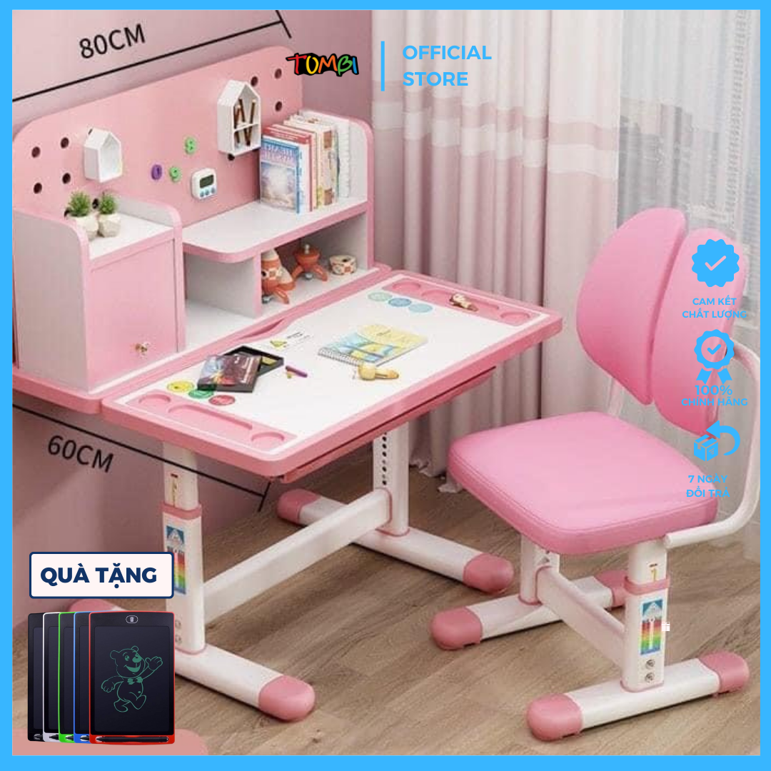 Bàn ghế học sinh TOMBI A16 bàn thông minh cho bé có giá đỡ cằm chống cận thị chống gù lưng kèm giá để sách và ipad