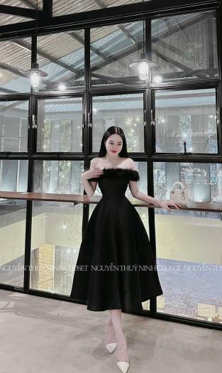 Váy Trễ Vai Xốp Hoa, Đầm Trắng Đen Tay Bồng Xinh Xắn - Váy Fashion