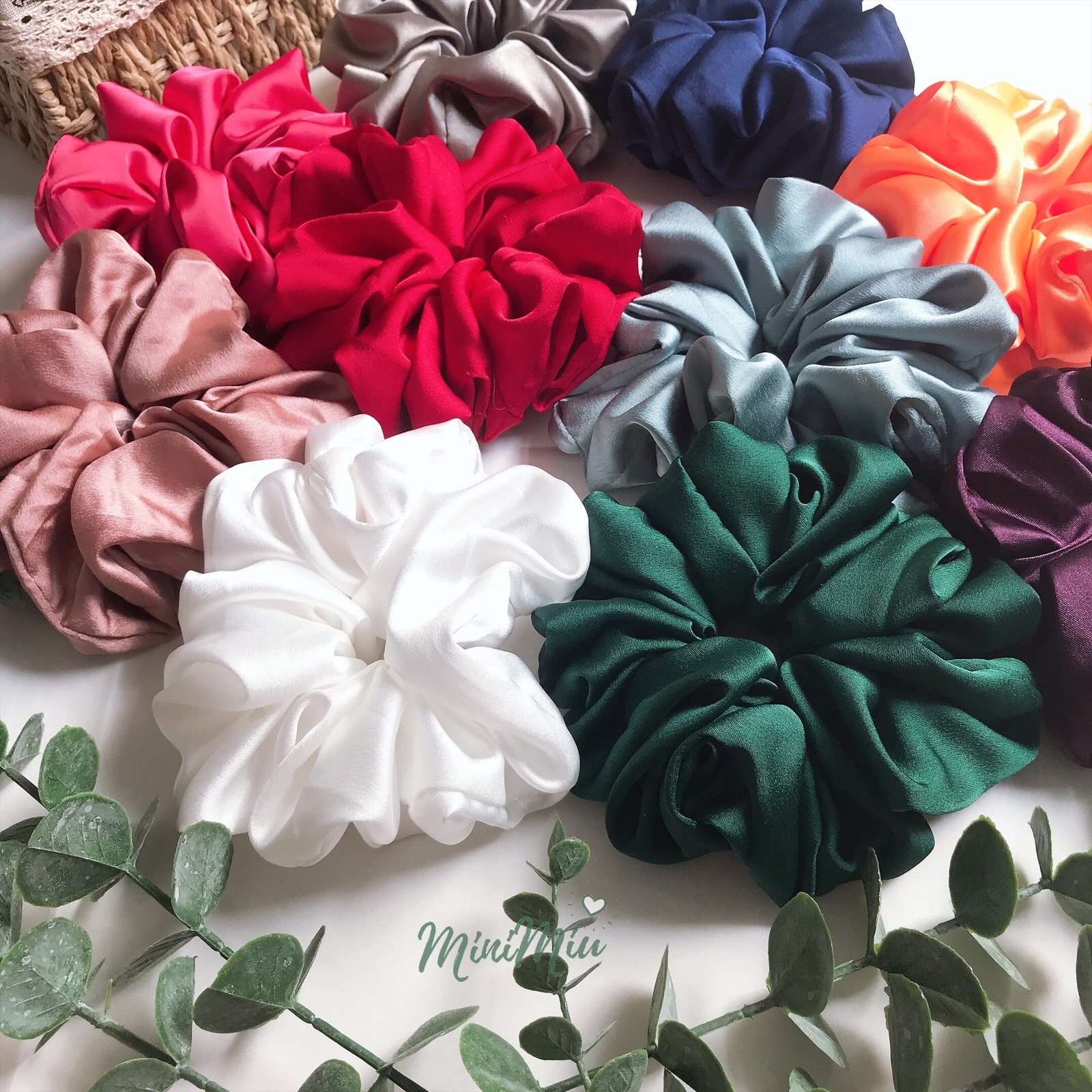 SATIN Dây buộc tóc Scrunchies trơn lụa satin phồng to | đồ cột tóc nữ trơn bảng màu lụa MiniMiu