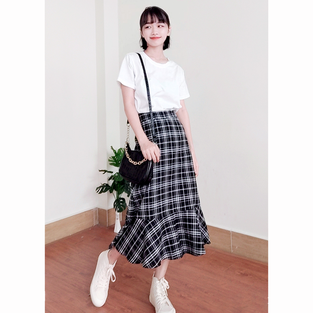 Set chân váy dài caro ulzzang, chân váy midi qua gối SR007