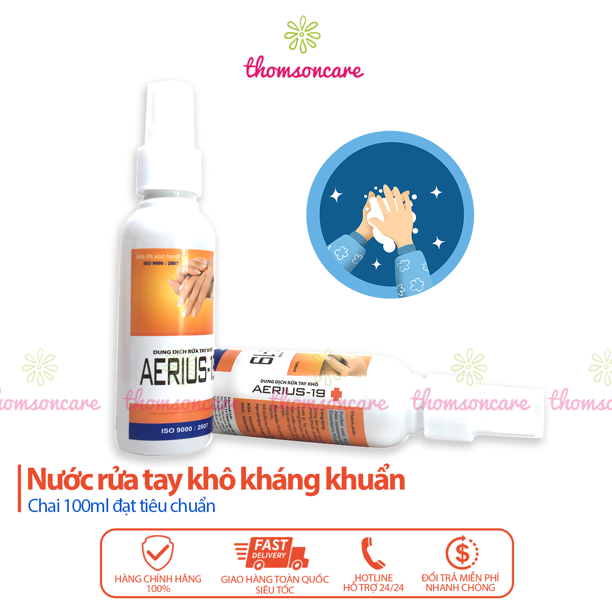 Nước xịt sát khuẩn, nước rửa tay khô sát khuẩn aerius chai 100ml