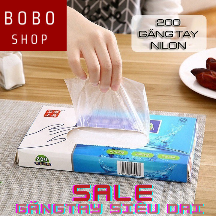 Hộp 200 găng tay nilon chế biến thực phẩm dùng 1 lần, bao tay nilon loại tốt siêu dai, an toàn vệ sinh khi chế biến thức ăn