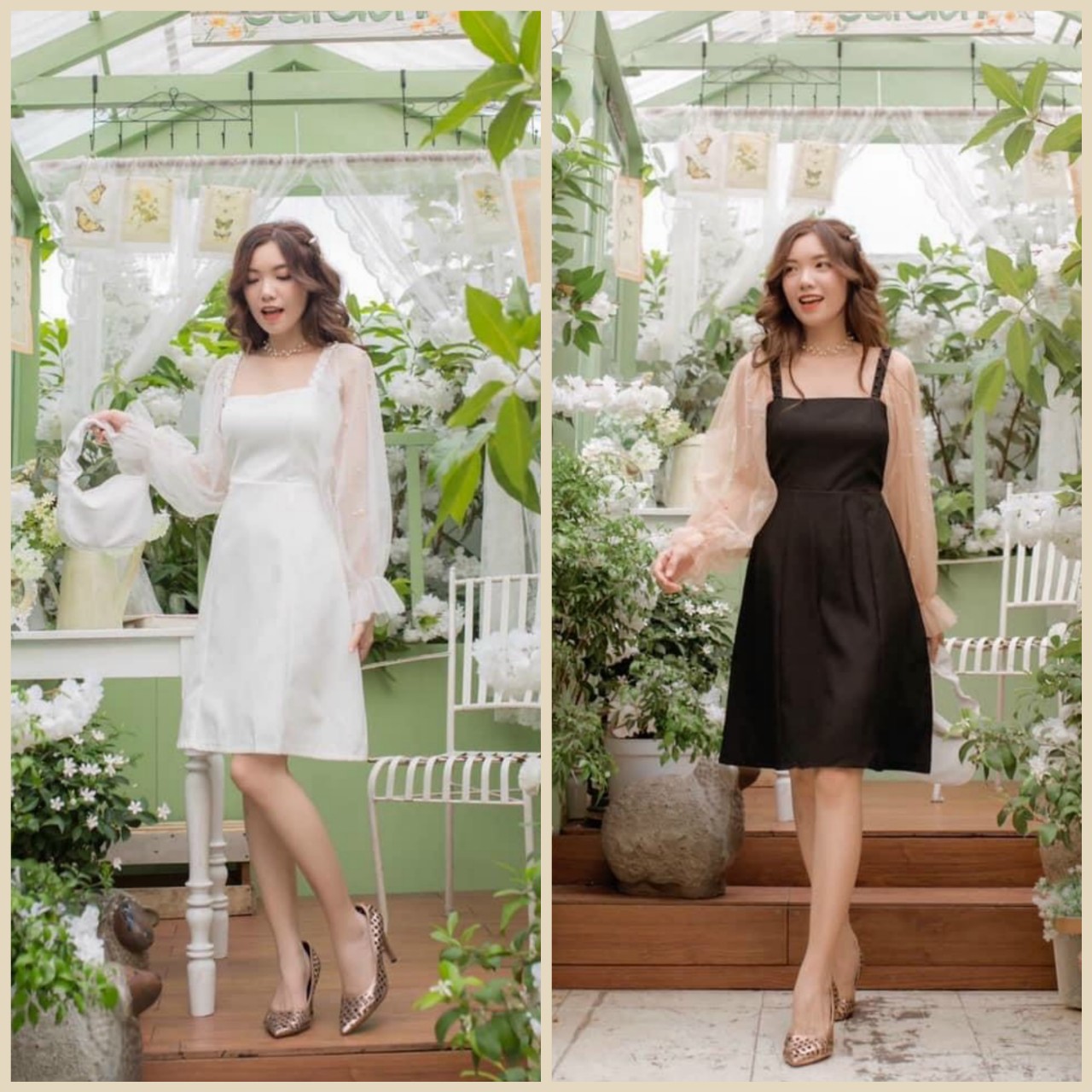 Váy trắng dẹp dự tiệc đầm xinh ngắn dáng xòe đen váy nữ đi ăn tiệc cổ vuông tay dài phồng tiểu thư dạo phố Milla Dress