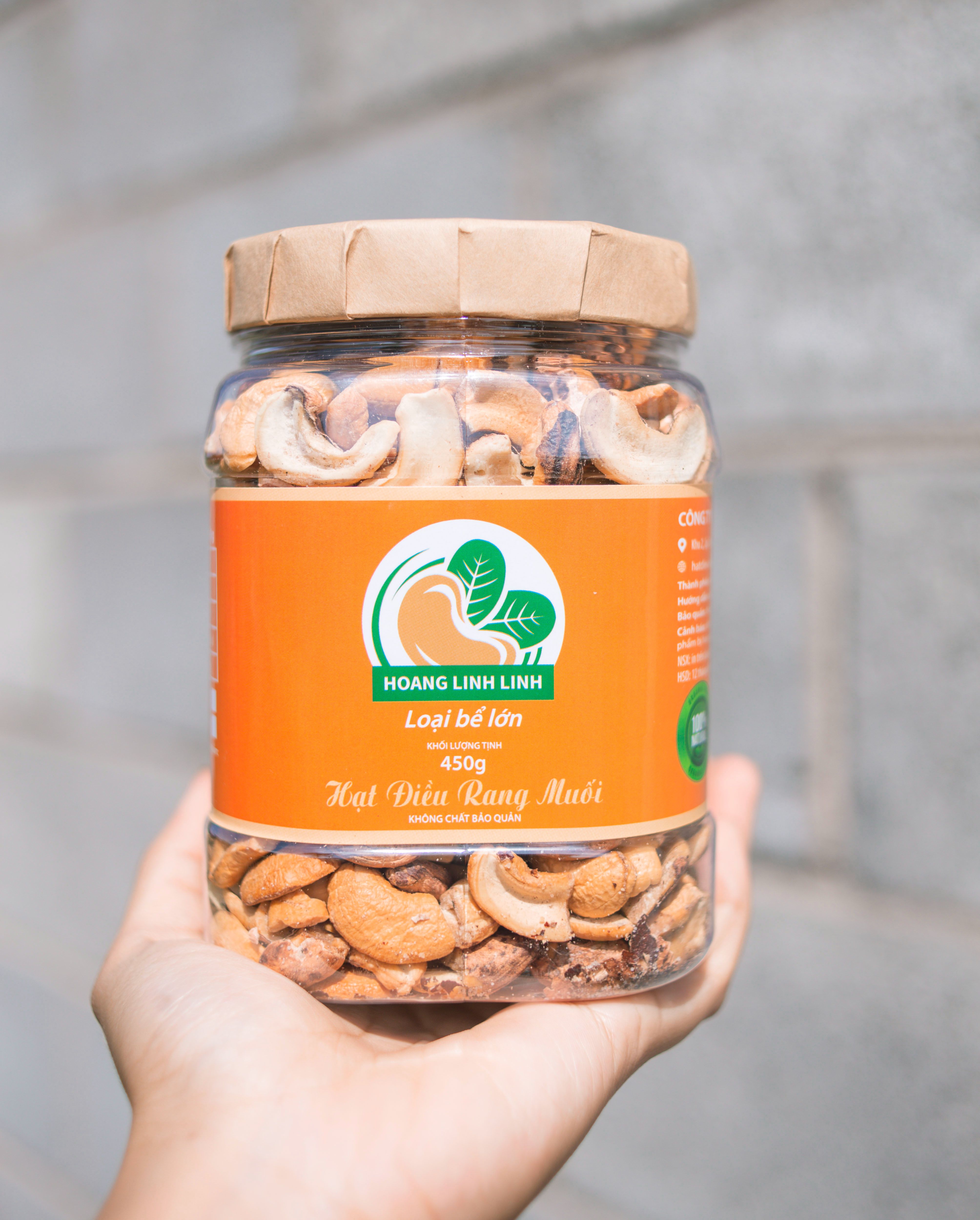 Hộp nắp giấy 450g Hạt điều bể/vỡ lớn (bể đôi, bể ba) Hoàng Linh Linh thơm ngon giòn béo, rang mới hàng ngày