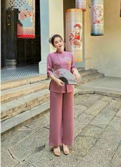 Set Bộ Lam, Đồ Lam Hàng Nút Xéo Gài Chất Vân Mây Dày Đẹp Họa Tiết Thêu Hoa Sen Chữ An Lễ Chùa Duyên Dáng