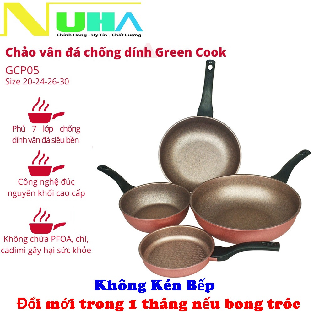 Chảo chống dính đúc vân đá đáy từ dày 7 lớp Green cook GCP05 màu hồng và GCP06 màu xanh