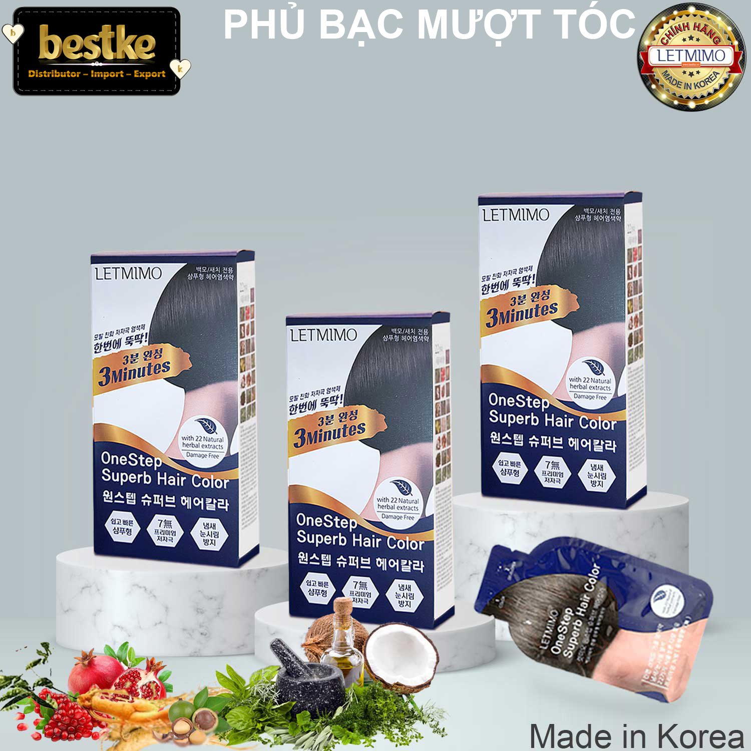 thuốc nhuộm tóc đen , combo 3 hộp = 15 gói màu nâu tự nhiên , bestke
