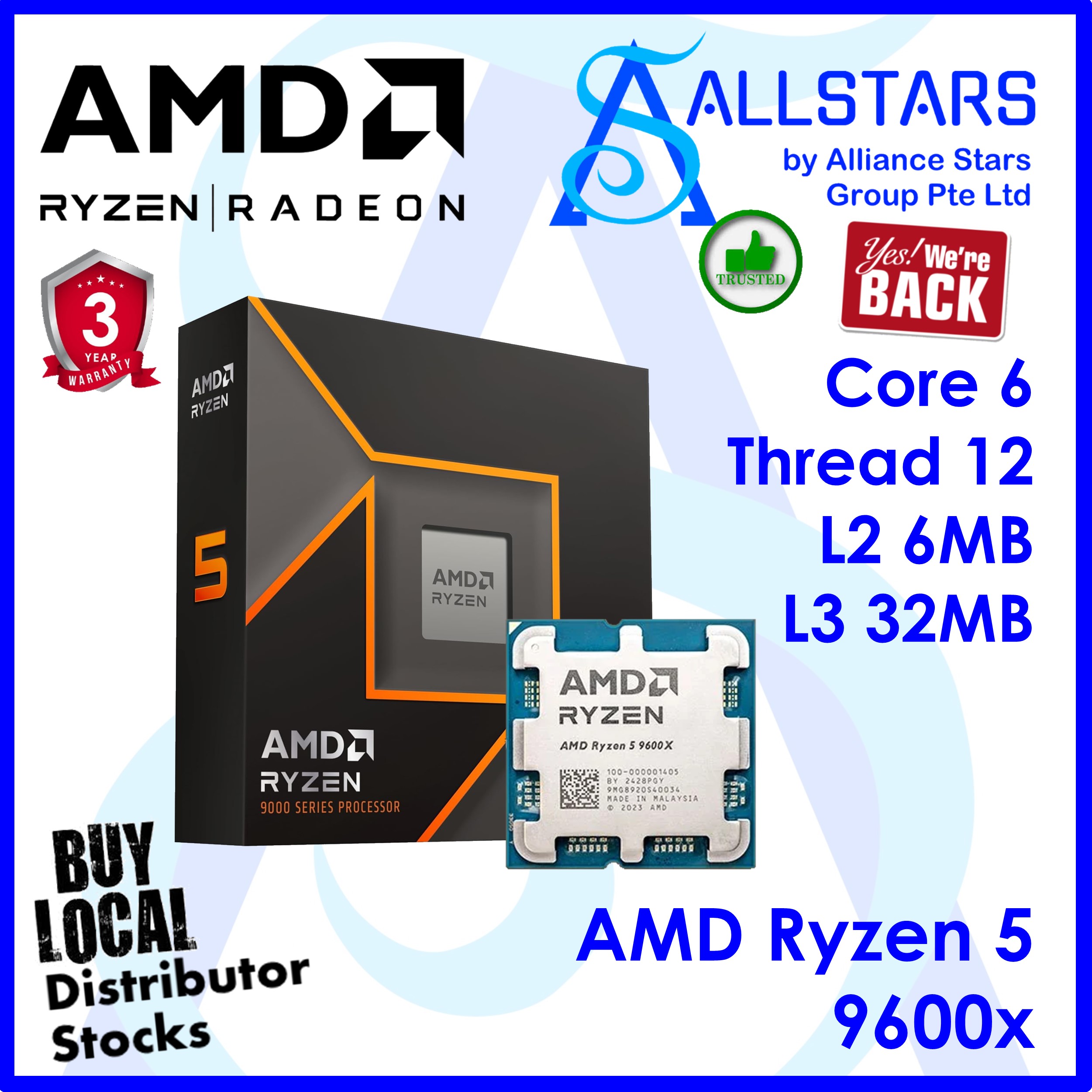Amd Ryzen 5 9600X Processor 6-Core 12-Thread Up To 5.4Ghz 3 Years