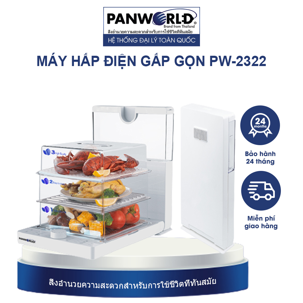 Nồi hấp điện 3 tầng, nồi hấp thức ăn gấp gọn panworld pw-2322 thương hiệu thái lan bh 2 năm
