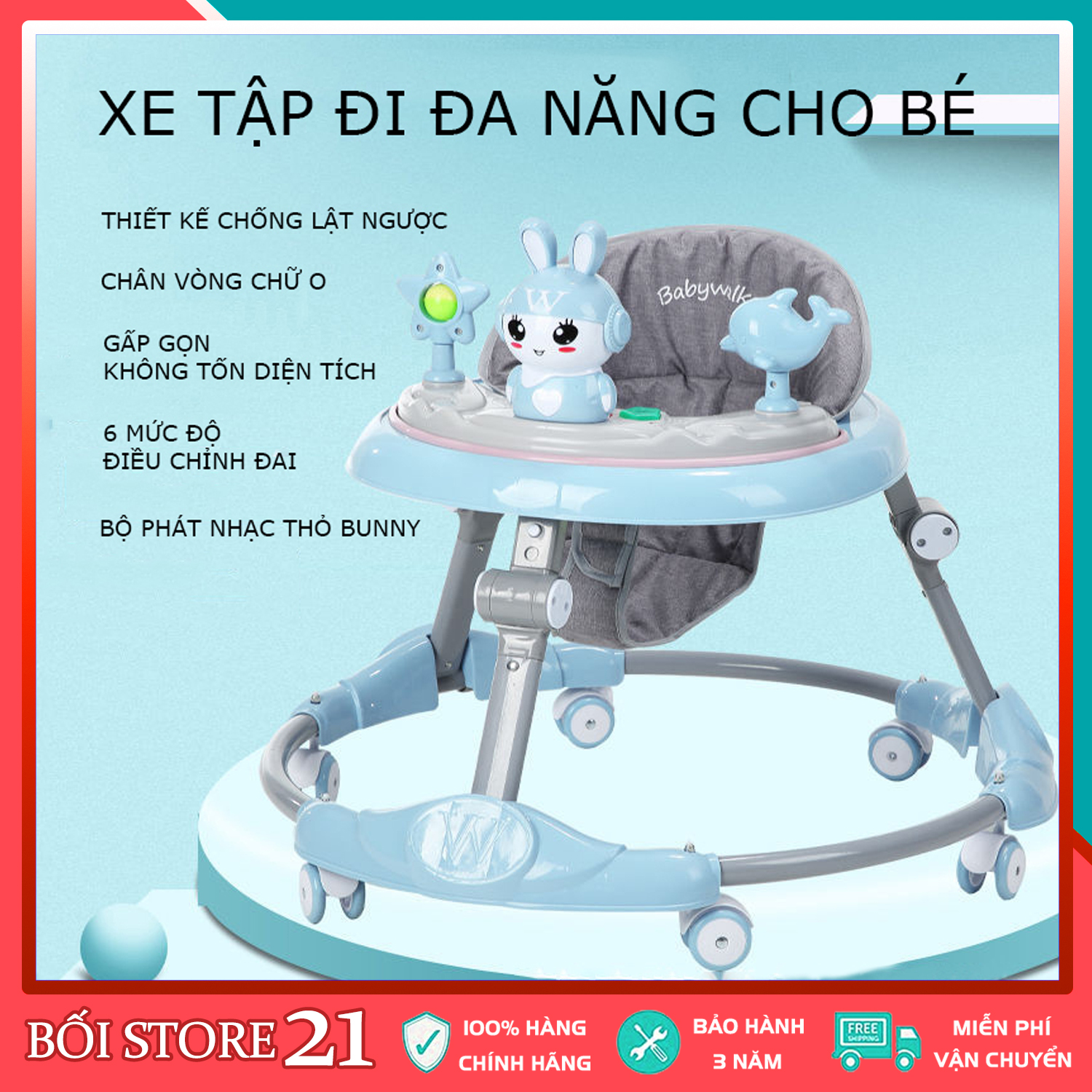 Xe tròn tập đi cho bé có bàn ăn và nhạc cho bé, xe tập đi có thể gấp gọn