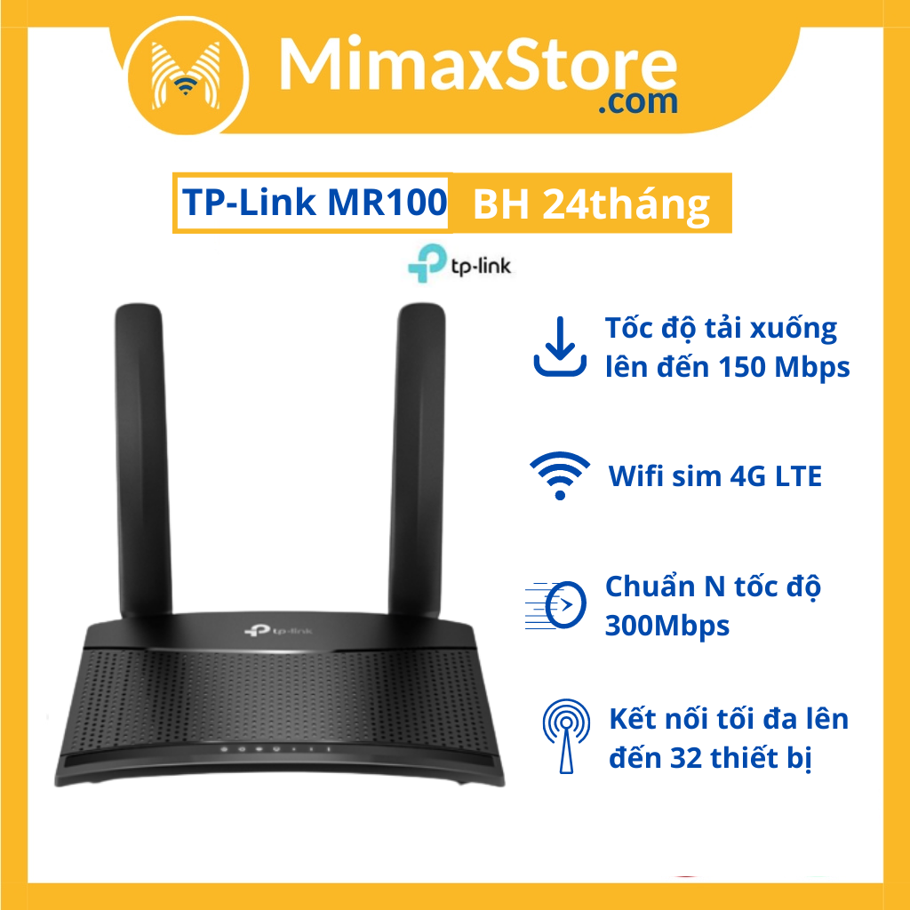 Bộ phát wifi router 4g lte tp-link mr100 chuẩn n tốc độ 300mbps | hàng chính hãng | bh 24t | mimax store