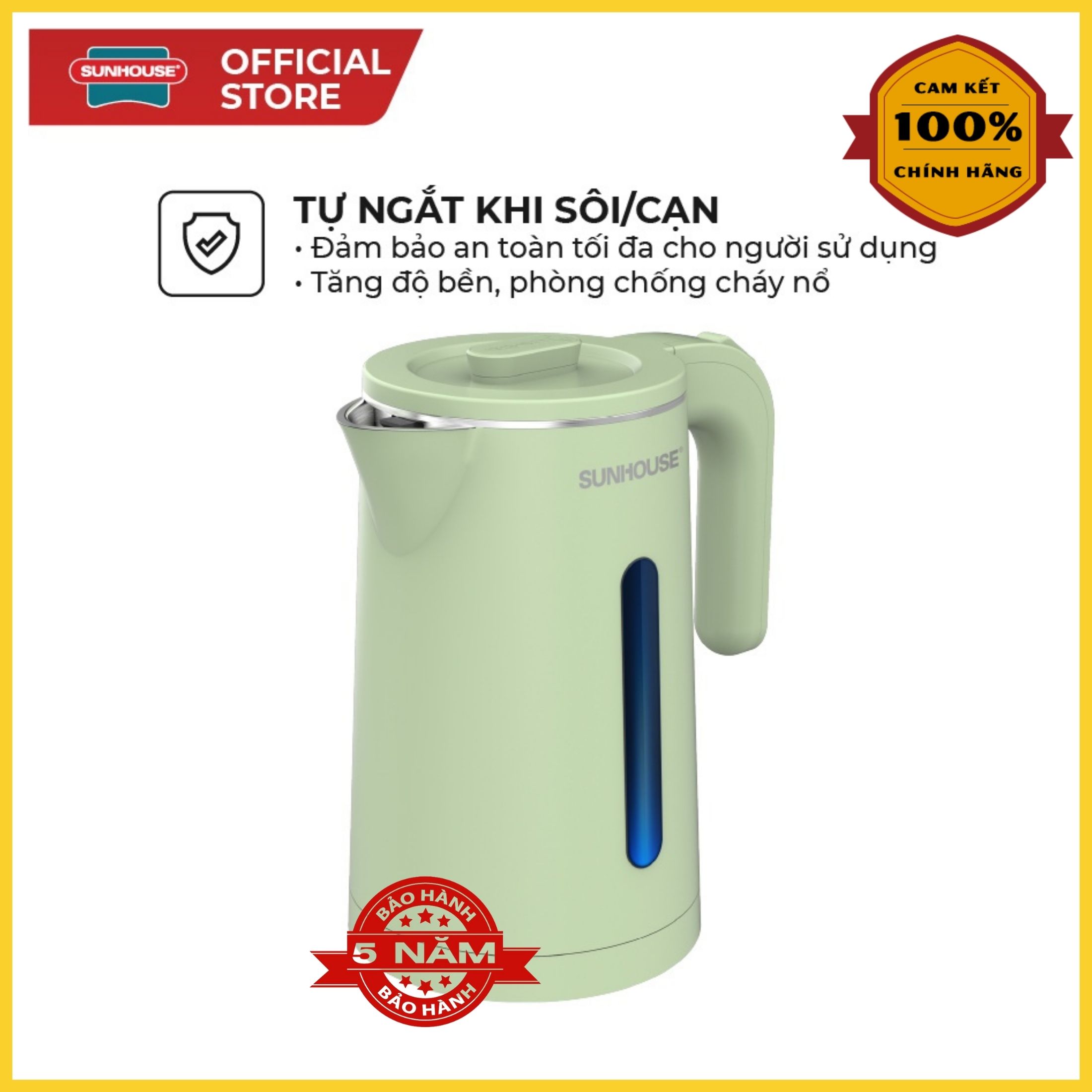 ấm đun nước sunhouse- chất liệu lòng ấm bằng inox 304 chống gỉ sét- Vỏ ngòi bọc nhựa Pp Cao Cấp Chống nóng khi nước sôi ở 100 độ. và có chế độ tự ngắt khi nước sôi.