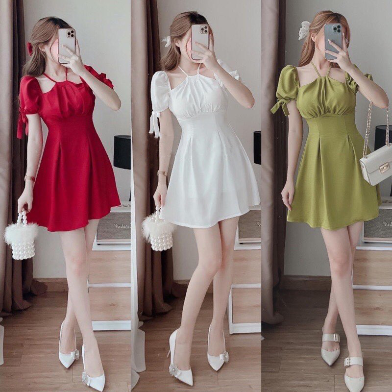 [Mẫu Hot] Đầm Váy Nữ Xòe Tay Phồng Phối Dây Cổ Yếm Thời Trang Kiểu Cách Đi Chơi, Đi Dự Tiệc D.ONE FASHION, Mẫu Free Size (40-55Kg) Mặc Vừa