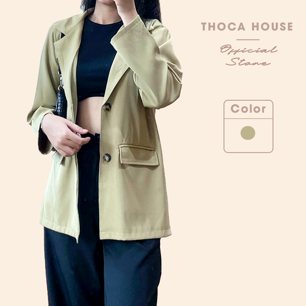 Blazer khoác vest nữ tay dài túi hộp trơn xanh lá mạ THOCA HOUSE phong cách Hàn Quốc công sở, dự tiệc
