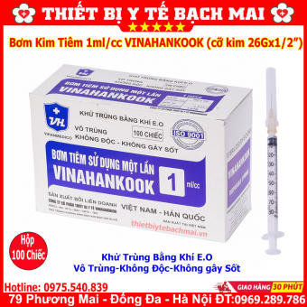 Bơm tiêm 1ml/cc Vinahankook Dùng 1 Lần - Hộp100 Chiếc
