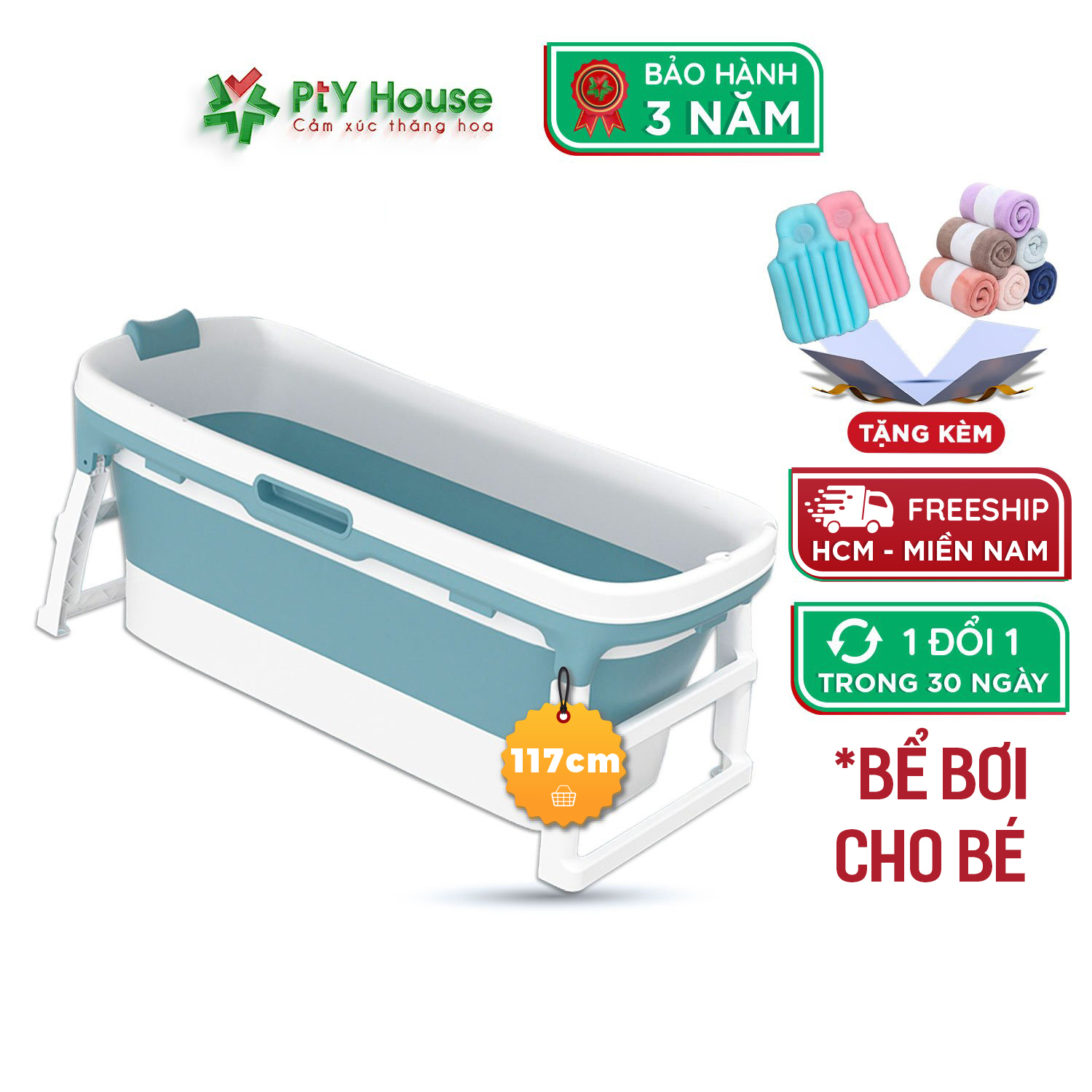Bồn tắm gấp gọn cho trẻ em PTY HOUSE, kích thước 117cm loại không nắp, xông hơi thư giãn chất liệu nhựa PP và Silicon Loại 1, tặng đệm lót lưng - Bảo Hành 3 Năm Chính Hãng