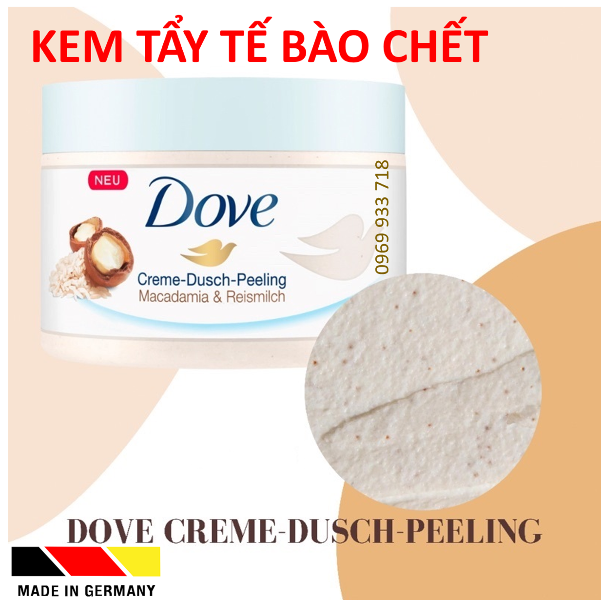 [Mẫu Mới][ĐỨC] Kem Tẩy Tế Bào Chết và Dưỡng Da, Giúp Da bật tông sáng mịn, tái tạo da mới Dove Exfoliating, chiết xuất từ hạt Macca và sữa gạo, Đức 225ml