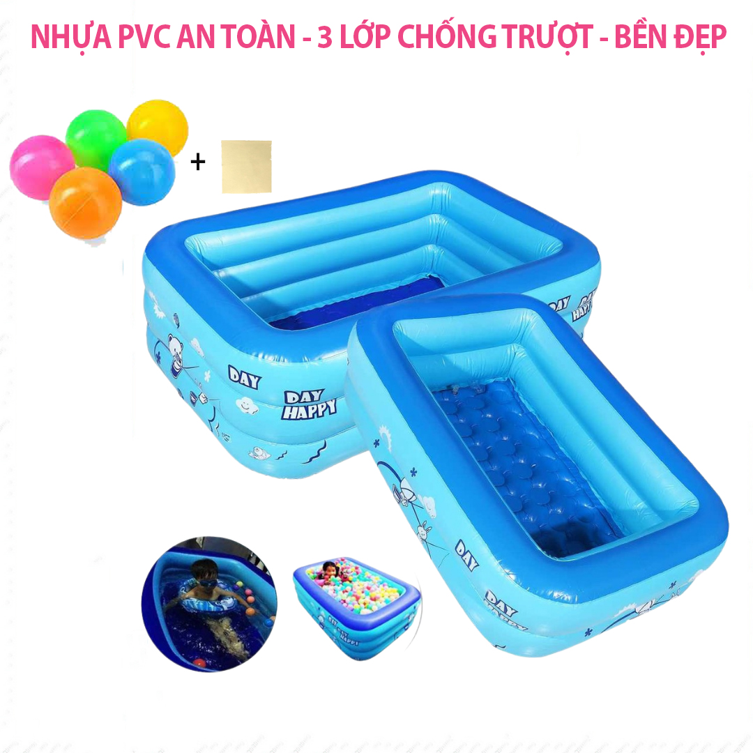 Bể bơi phao 3 tầng 1m5, 1m8 hình chữ nhật cho bé - Hồ bơi bồn tắm cho trẻ em+ Keo miếng vá bể