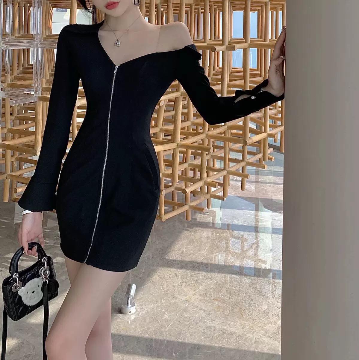 Đầm váy thời trang nữ ôm body cổ vuông khóa kéo trước tay dài no1-sg -fashion