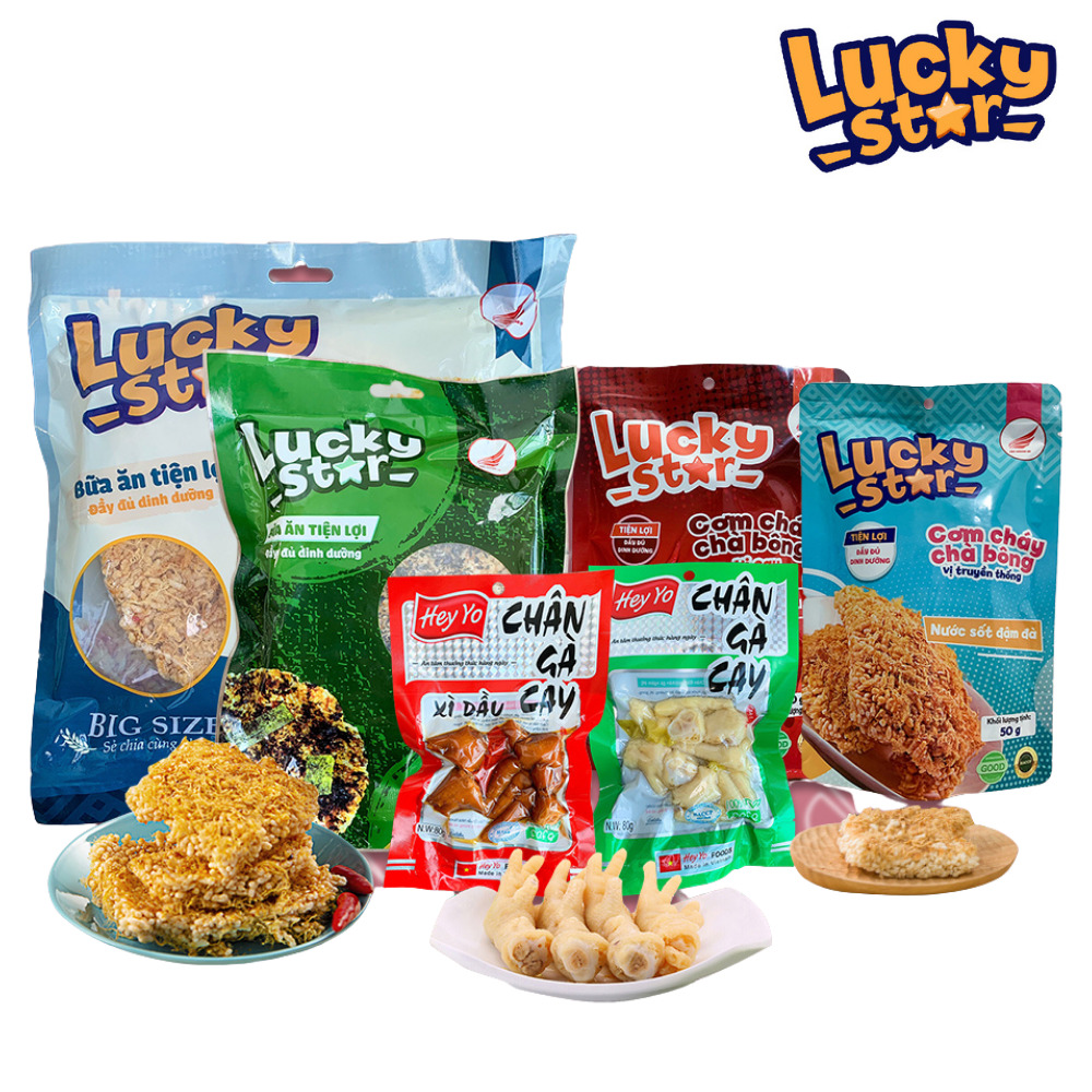 Combo ăn vặt cơm cháy chà bông kết hợp chân gà kết hợp vị đầy đủ sốt cay, truyền thống, rong biển, chân gà cay Lucky star giòn ngon đậm vị đồ ăn vặt tiện lợi, đảm bảo an toàn vệ sinh thực phẩm