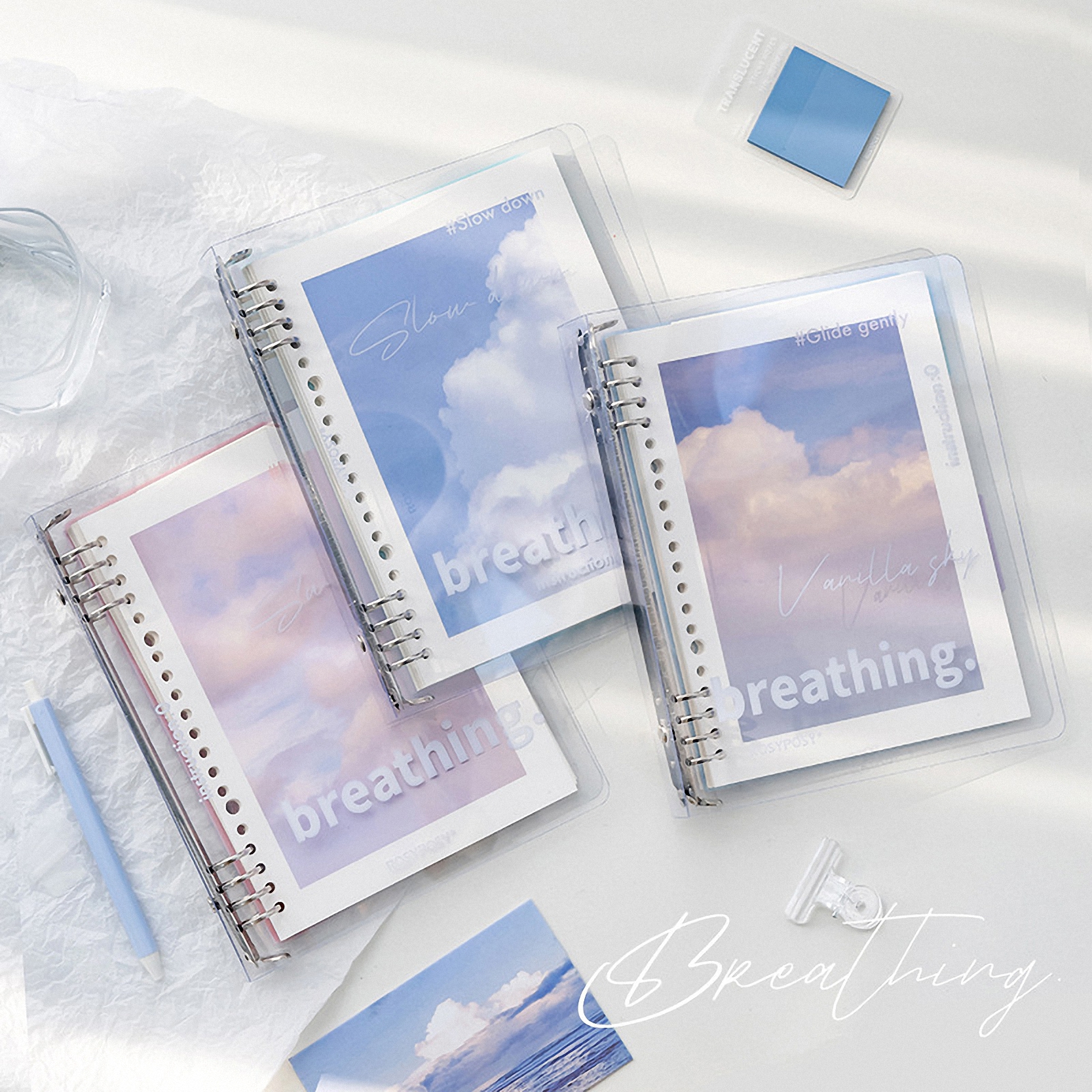 Sổ còng kim loại bìa trong suốt BREATHING Rosy Posy nông trại mây làm lưu bút, planner, nhật ký, bullet journal