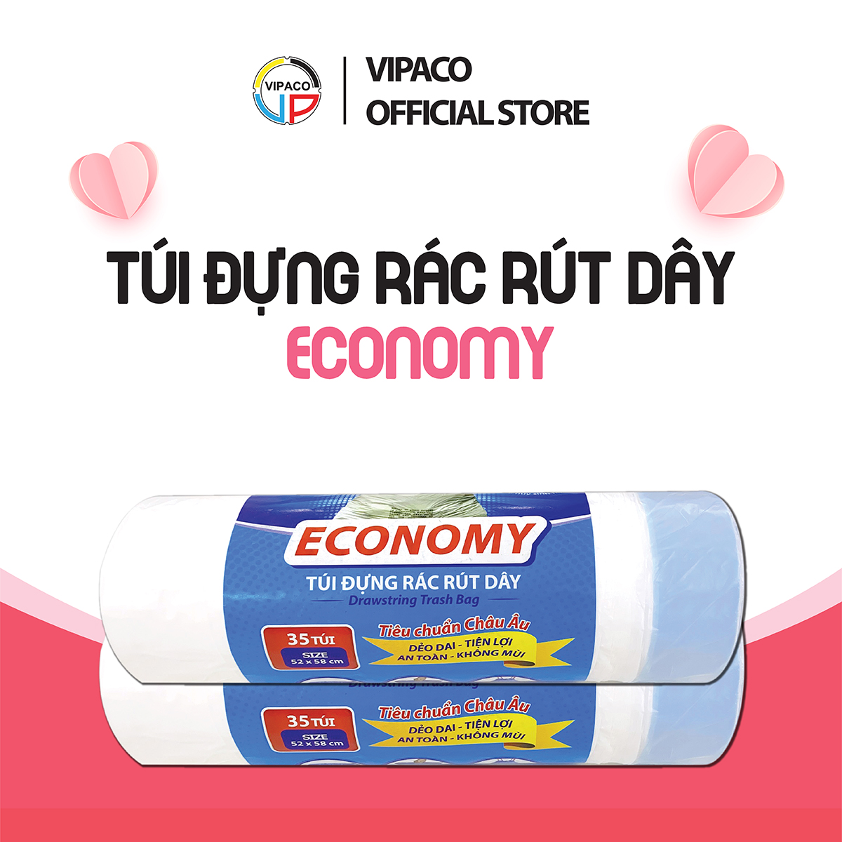 túi đựng rác có dây rút tiện lợi Economy Vipaco khổ lớn chắc chắn không bị bục