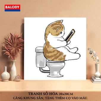 Tranh tô màu theo số,Tranh Sơn dầu Số hóa Mèo chibi 20x20cm BALODY có khung, màu, cọ, móc treo tường