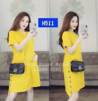 Đầm suông nữ phối nút , vải thun cotton ,HP Home