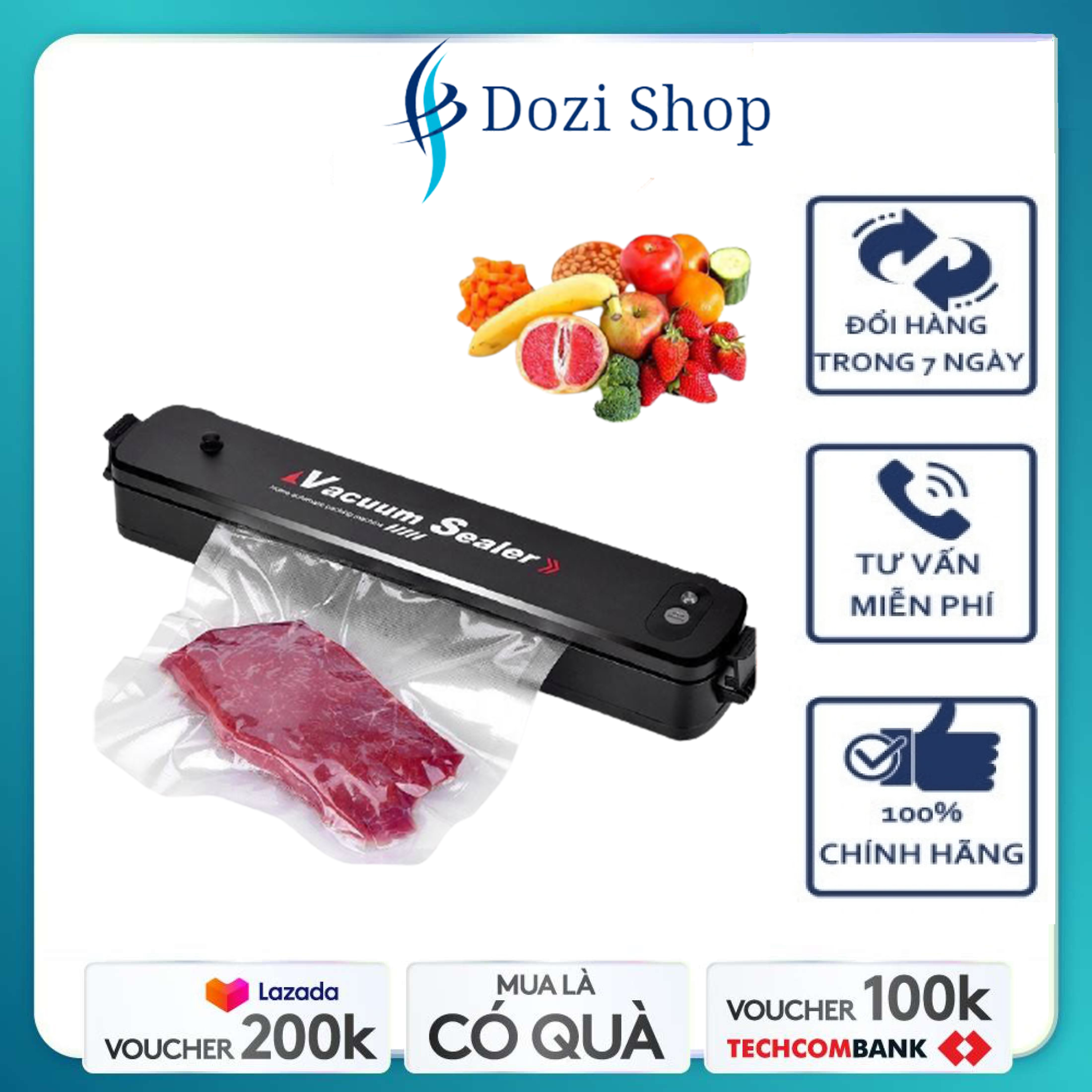 Máy hút chân không thực phẩm mini Vacuum Sealer chính hãng cho gia đình, Máy ép chân không kiêm hàn miệng túi bảo quản thực phẩm cực lâu, công suất lớn 200W - TẶNG KÈM 10 TÚI HÚT CHÂN KHÔNG