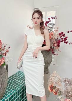 Đầm body lệch vai có mút ngực kiểu đầm dự tiệc thanh lịch quyến rũ bốn màu đầm trắng, đen, đỏ, vàng thời trang thiết kế LANCHI