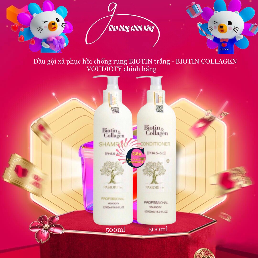 Dầu gội xả phục hồi chống rụng tóc BIOTIN trắng - BIOTIN COLLAGEN VOUDIOTY 500ml chính hãng