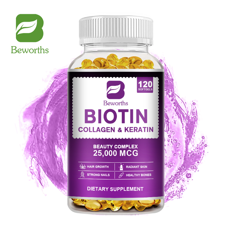 BEWORTHS Viên nang Vitamin Biotin với Collagen & Keratin 25000 mcg cho Tóc khỏe Móng & Xương Làn da rạng rỡ cho Phụ nữ và Nam giới