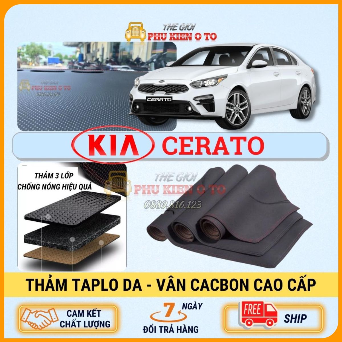 Thảm taplo Kia Cerato 2013 - 2022 da Carbon 3 lớp cao cấp , chống nóng cho ô tô hiệu quả