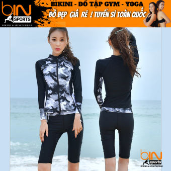 Bikini đồ bơi nữ đi biển 2 mảnh áo dài tay phủ bụng kèm mút mỏng quần lửng ngố kín đáo chất liệu thun lạnh BINSPORTS BHV204