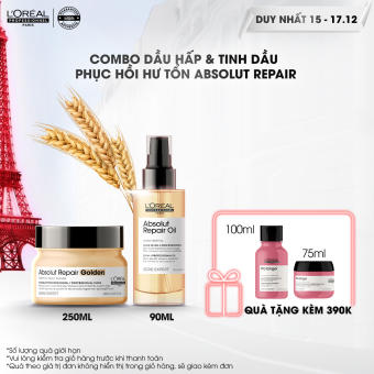 Combo dầu hấp & tinh dầu phục hồi hư tổn Absolut Repair (Mặt nạ nhũ vàng 250ml và tinh dầu 10 trong 1)
