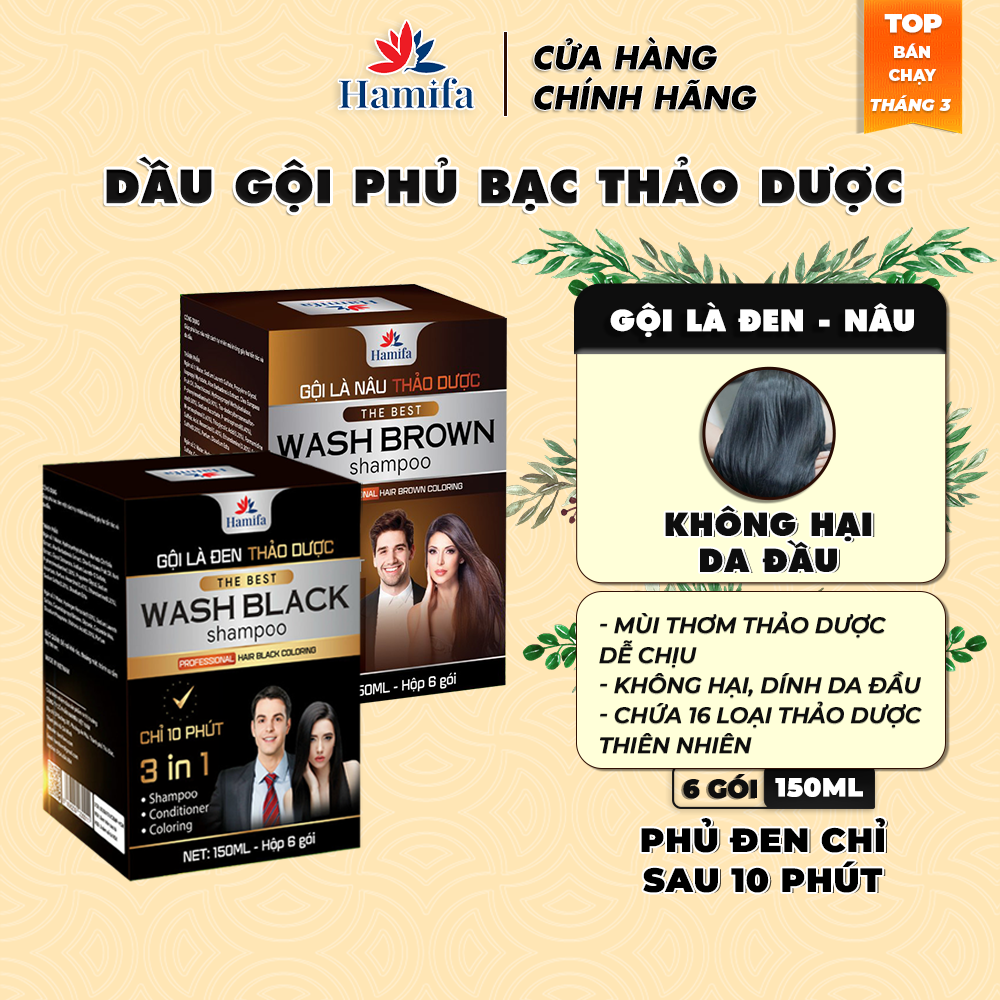 Dầu gội phủ bạc hamifa dầu gội thảo dược nhuộm tóc gội là đen trong 5 phút - hộp 6 gói 25ml