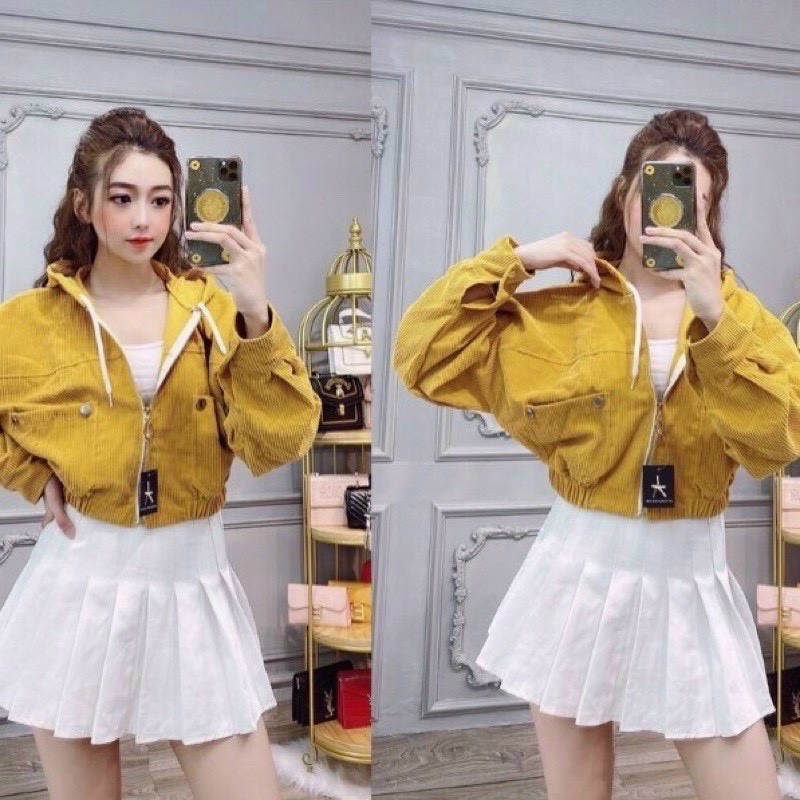 Áo khoác croptop nữ lửng nhung gân tăm hàng form fộng có bo chun eo