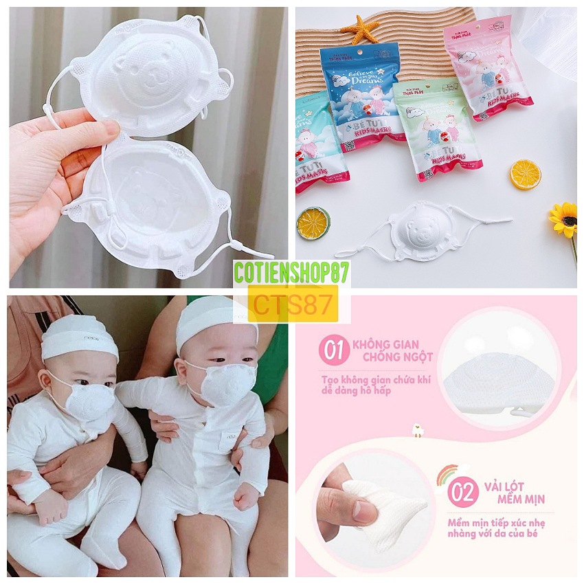 Khẩu trang cho bé sơ sinh 6 tháng-3 tuổi, túi 3 cái, khẩu trang gấu Bé Tuti Kids Mask Thịnh Phát, 4 lớp kháng khuẩn 99%, cotienshop87