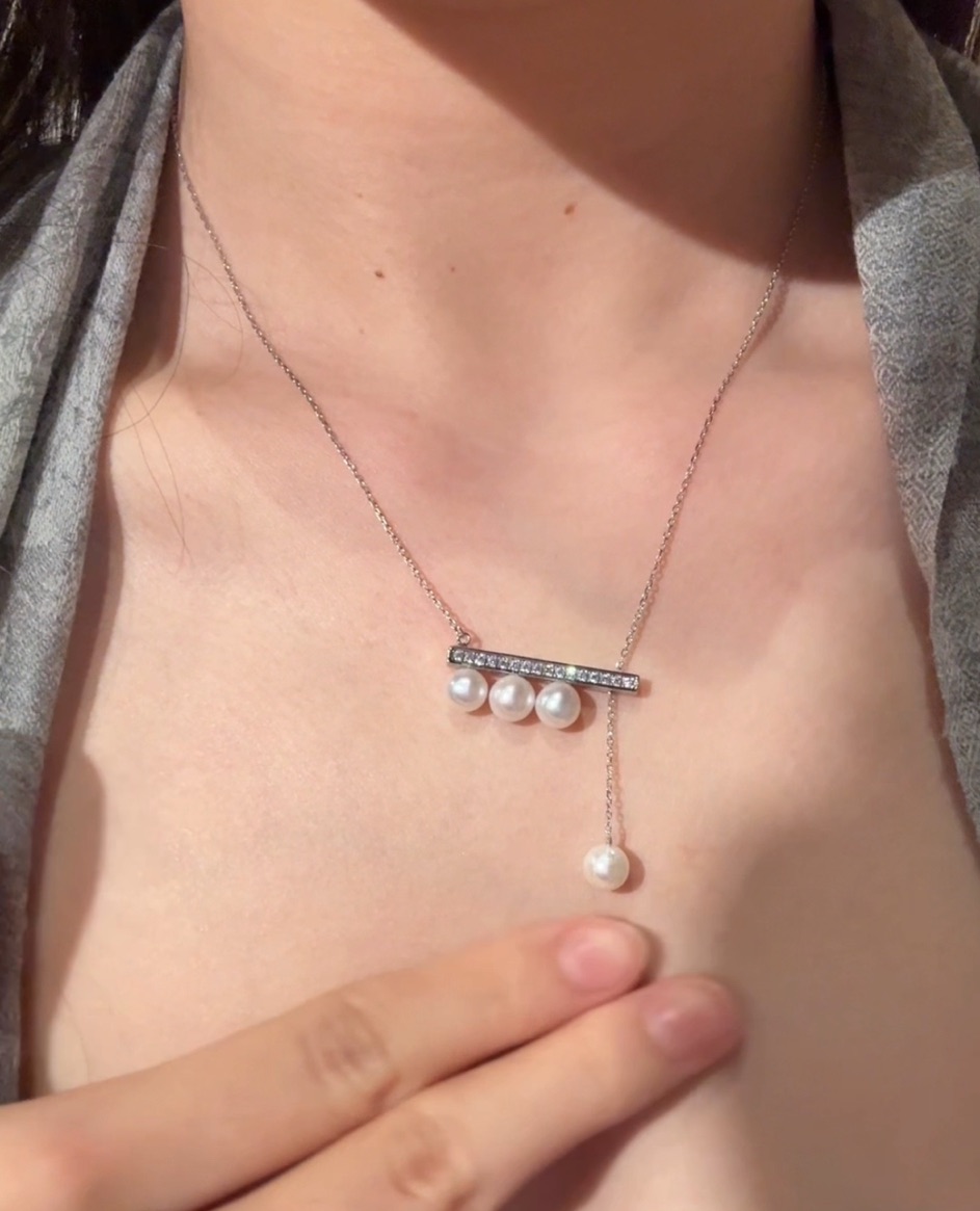 Balance Bar Pearl Necklace - A Modern 4-Pearl Strand with Adjustable Element & Zircon Diamond
