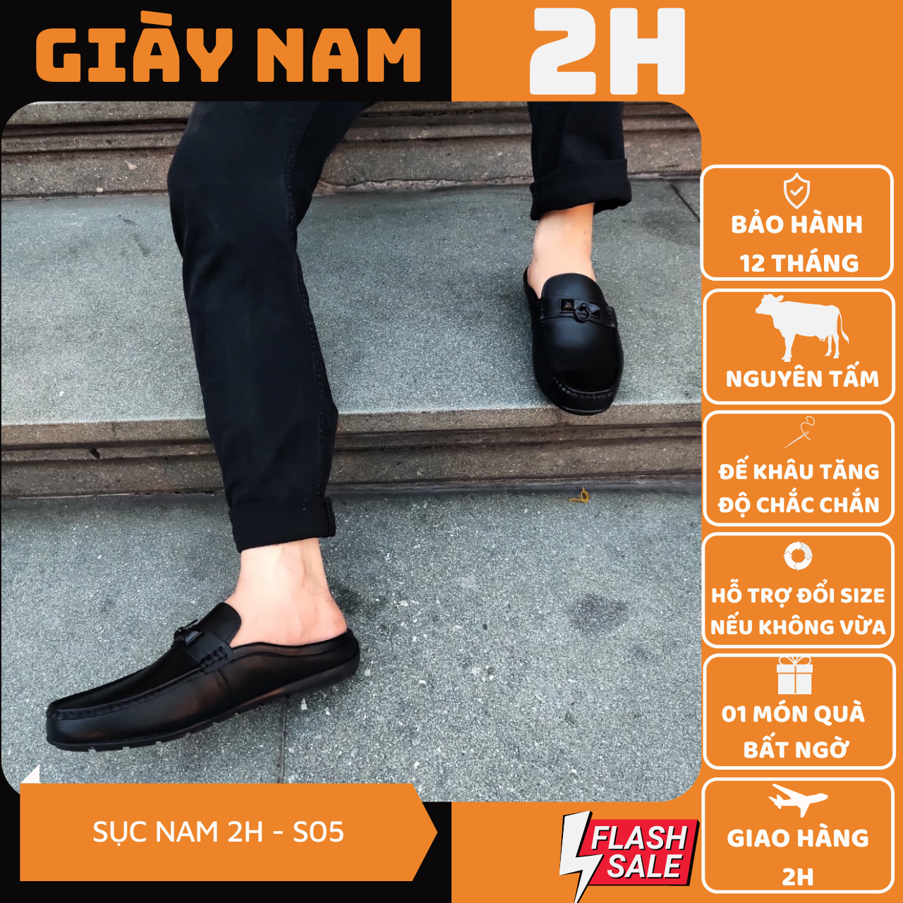 Giày sục nam da bò đế cao su đúc khâu chỉ dù siêu bền màu đen shoes 2h - s05