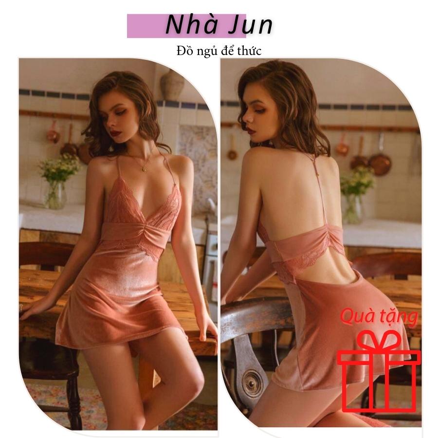 Đồ ngủ sexy váy ngủ sexy chất nhung phối ren Nhà Jun mang đến đầm ngủ gợi cảm hay váy ngủ gợi cảm quyến rủ Váy ngủ sexy có dây điều chỉnh Đồ ngủ để thức NJ22 Màu hồng phấn
